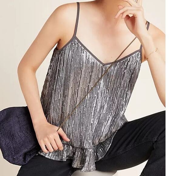 Anthropologie Amelie Beaded Silver Sequin Peplum Tank Top Size 0P - Picture 1 of 7